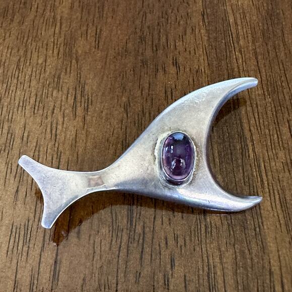 Sigi Pineda Taxco Abstract Fish Brooch Modern Sterling Silver Amethyst Vintage - Picture 13 of 13